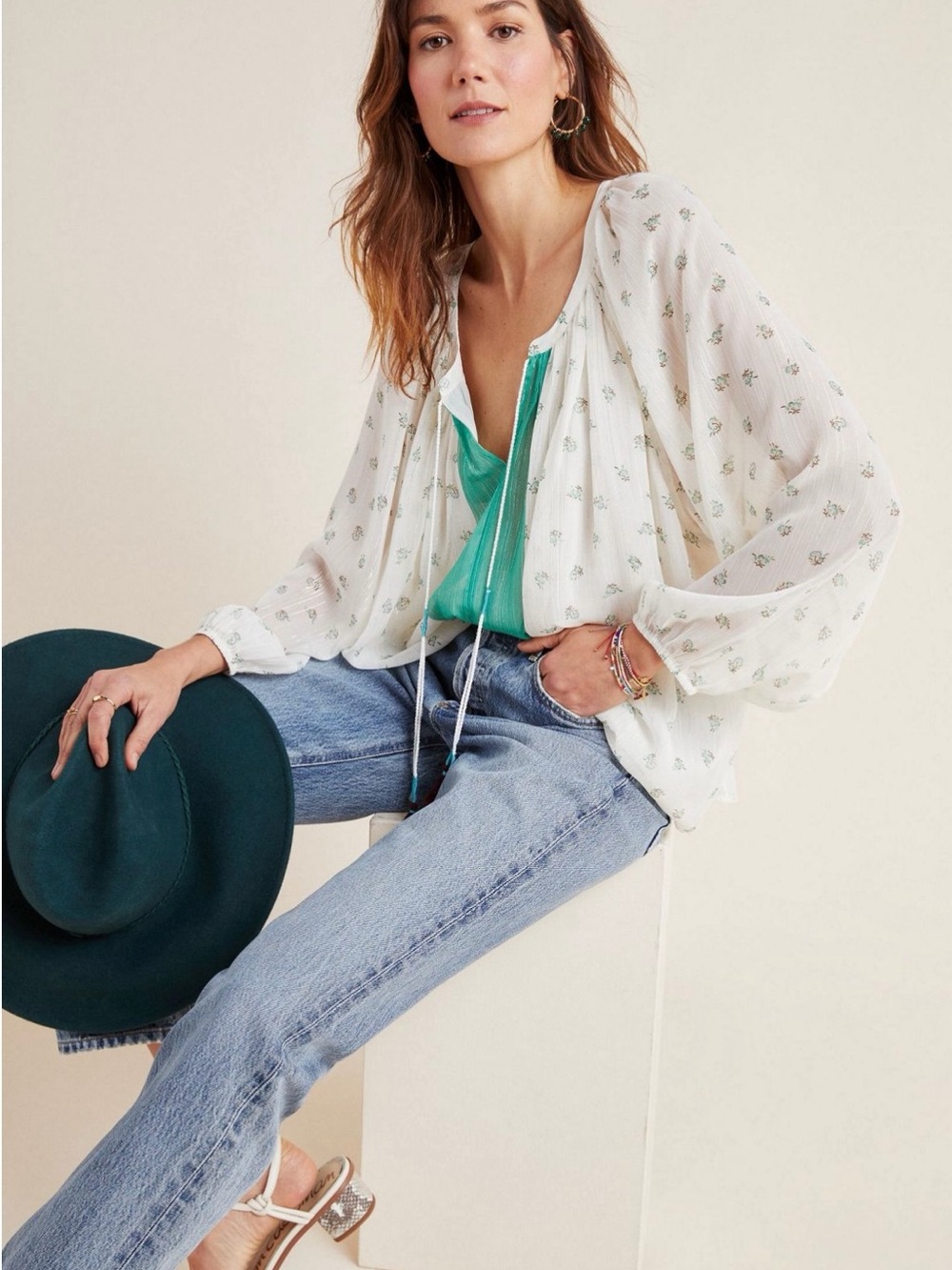 Daniel Rainn White Sheer Blouse with Green Floral Print